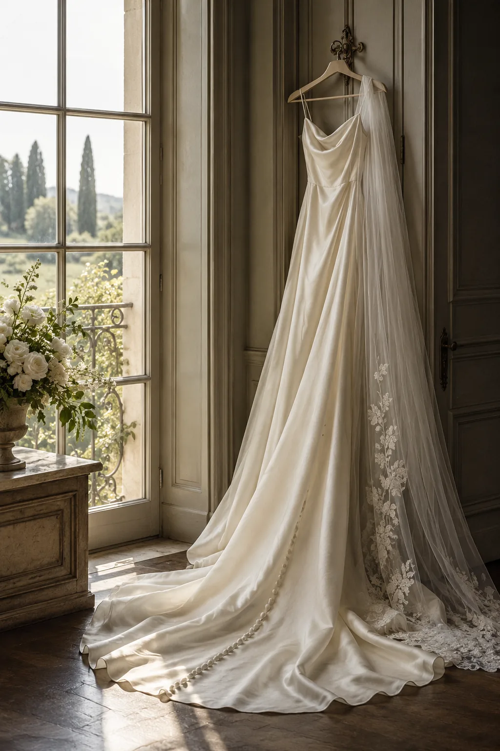 Ivory bridal dress and veil hanging beside a sunlit window